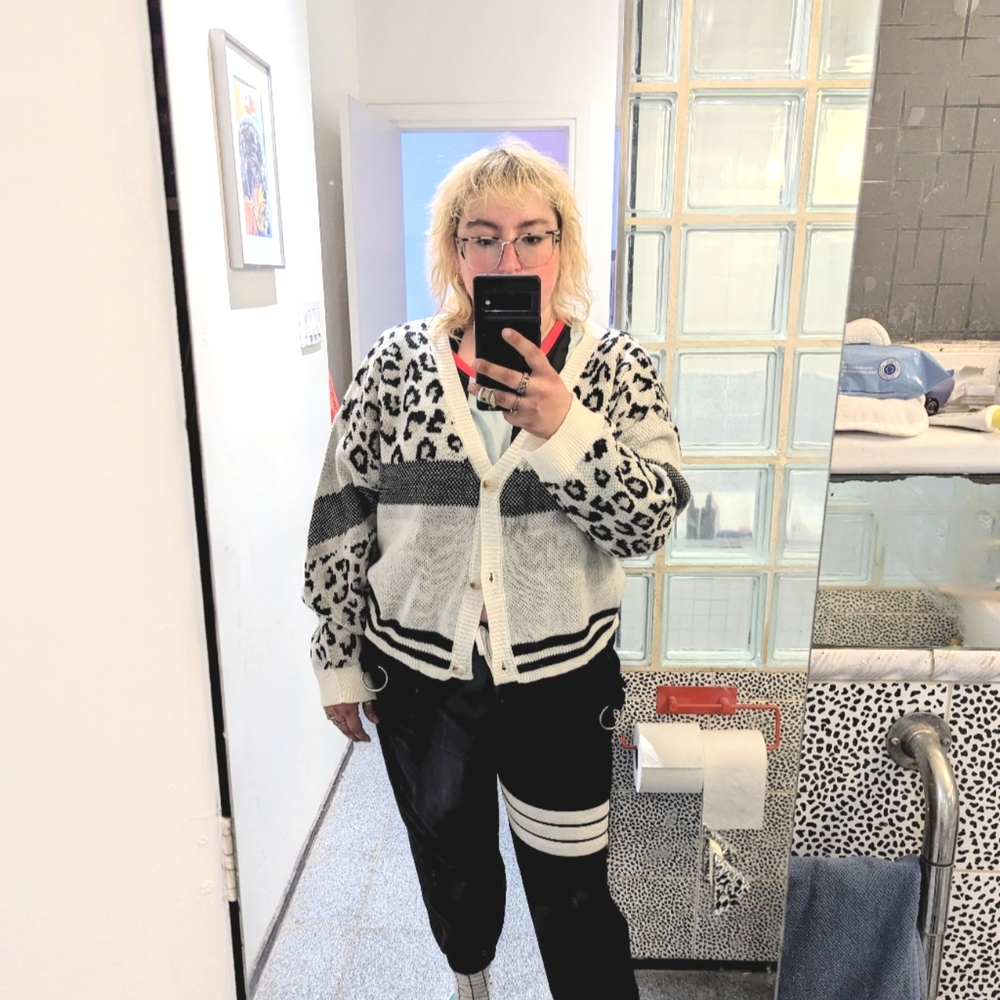 1X shein button up leopard print colour block black and white cardigan
